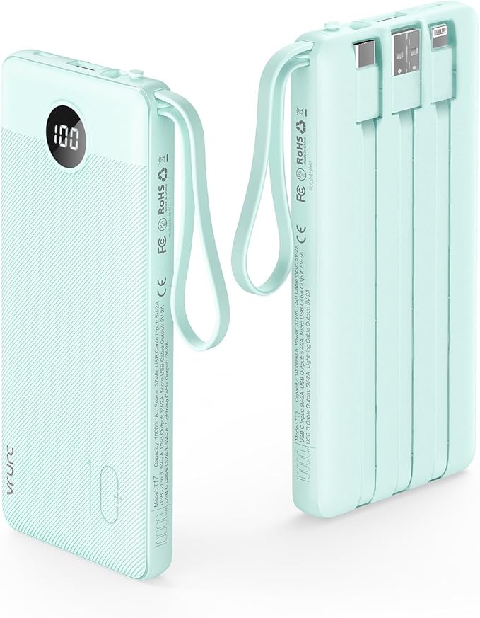 VRURC Portable Charger with Cables for iPhone, 22.5W Fast Charging USB C Power Bank 10000mAh, Compact Cell Phone Battery Pack with Cords for iPhone 17 16 15 14 13,Samsung Galaxy-Green(1 Pack)