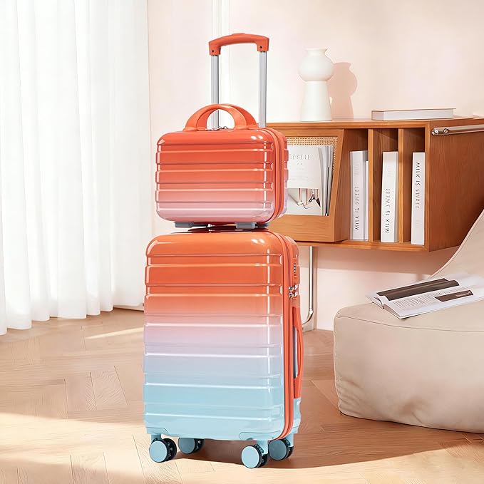 Kids Luggage Sets for Girls, 2 Piece Luggage Set, 20 Inch Rotating Wheel Suitcase with 14 Inch Cosmetic Case, Lightweight Hardshell Suitcase with 360° Spinner Wheels for Travel (Blue+Red)