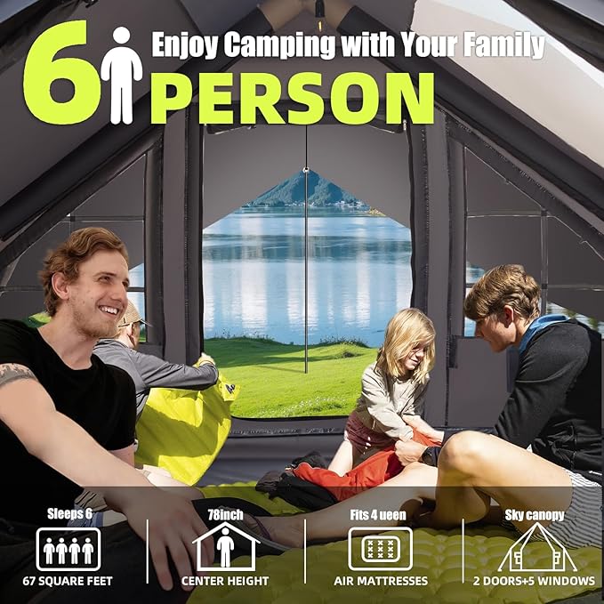 Inflatable Camping Tent with Electric Air Pump - 420D Heavy Duty Oxford - 5 Min Auto-Inflation - Panoramic Stargazing Skylight - 4 Season Luxury Glamping Cabin, 4-10 Person Multiple Sizes