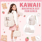 PIG PIG GIRL Corduroy Backpack 3PCS Kids Backpack for Girls School Bags for Middle School Students Book Bag for Elementary Primary Kawaii Ita Backpack with Lunch Box Pencil Case Set, Beige Strawberry
