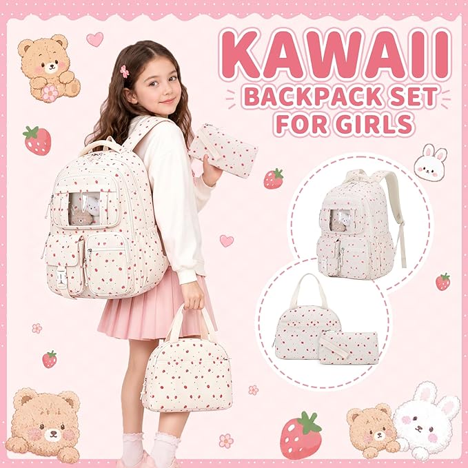PIG PIG GIRL Corduroy Backpack 3PCS Kids Backpack for Girls School Bags for Middle School Students Book Bag for Elementary Primary Kawaii Ita Backpack with Lunch Box Pencil Case Set, Beige Strawberry