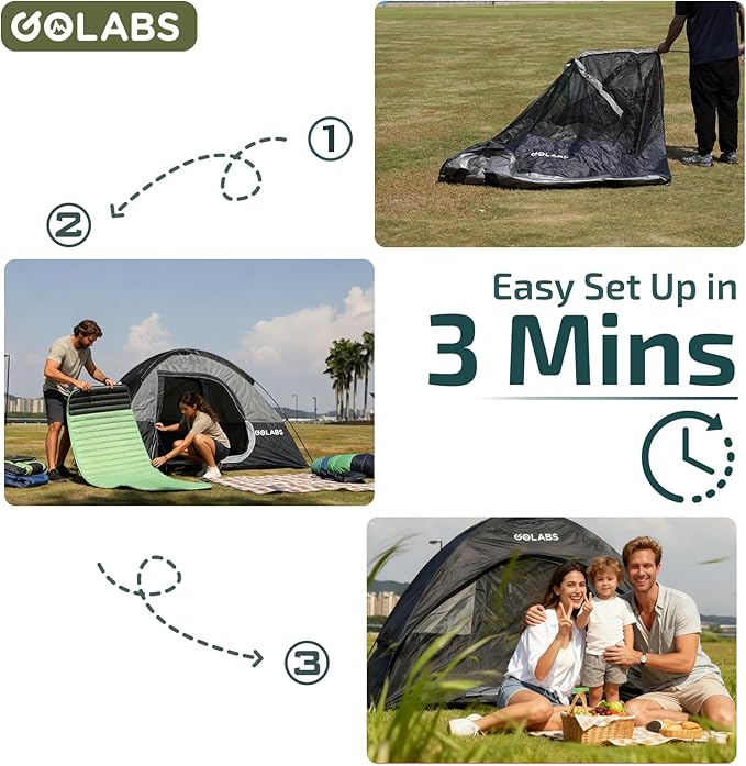 Golabs CT1 2 Person Camping Tent, Easy Set Up in 3 Mins, PU800mm Waterproof w/Mesh Top & Door with Ventilation, Lightweight 4.4lbs Portable Family Tent with Carry Bag &Interior Storage Pockets &Hook
