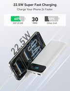 Portable Charger, 10000mAh 22.5W Fast Charging Power Bank with 4 Built-in Cables, Travel Essentials Battery Pack with LED Display, 6 Outputs Charging Bank Compatible with iPhone, iPad, Samsung White