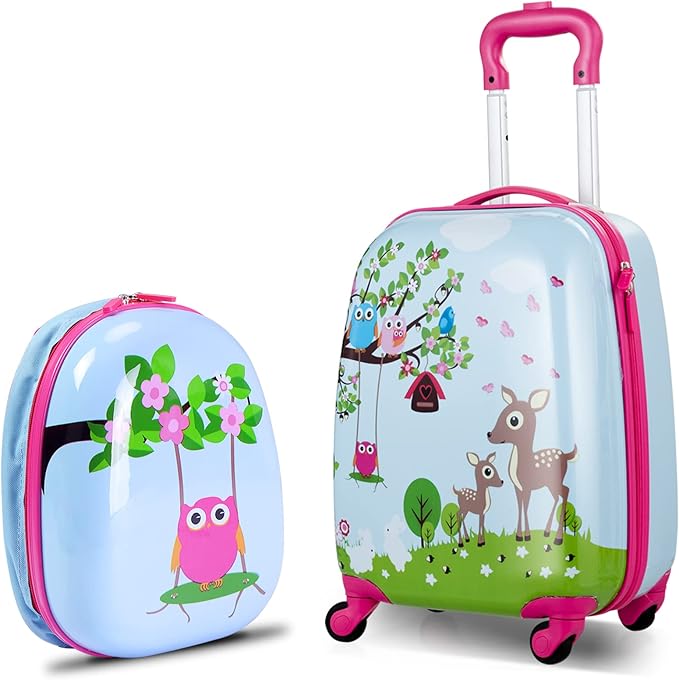 BABY JOY 2 PC Kids Luggage, 16" Toddlers Carry-on Suitcase & 12” Backpack Set, Children Travelling Case w/ 4 Casters & Retractable Handle, Lightweight Trolley Case for Boys & Girls (Deer)