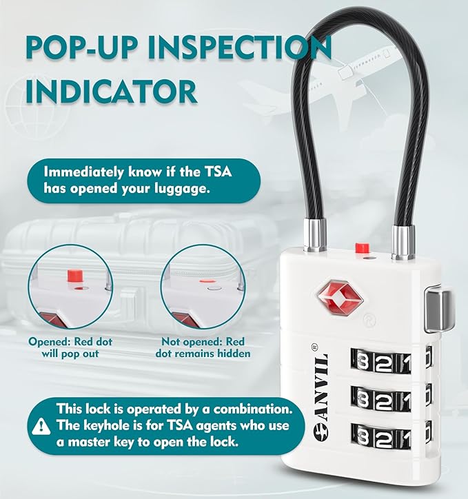 ANVIL TSA Approved Luggage Locks – High Security TSA008 Combination Travel Locks with Inspection Indicator for Suitcases and Backpacks. (2, White)
