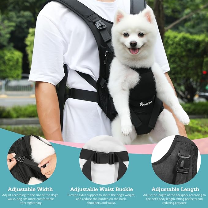 Pawaboo Pet Dog Front Carrier Backpacks, Legs Out Pet Carrier Backpack for Dogs, Adjustable Dog Chest Carriers Purse for Small Medium Dogs Hands Free for Travel Hiking Cycling Camping, M, Black