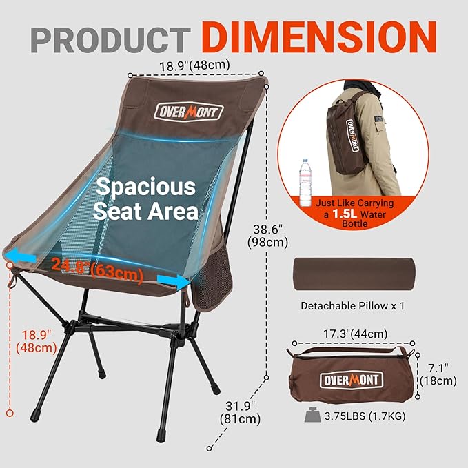 Overmont Portable High-Back Camping Chair - 440LBS Support Oversized Lightweight Folding Backpacking Chair for Adults - Compact with Detachable Pillow for Outdoor Travel Hiking Beach Fishing