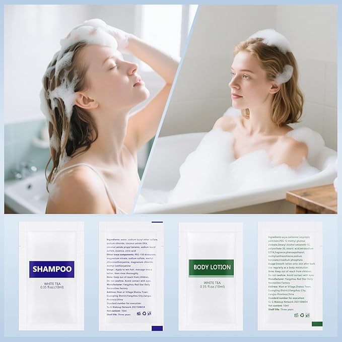 Travel Size Body Wash and Shampoo Bulk,Refreshing White Tea Scent,0.35 fl oz,Individually Wrapped Mini Shower Gel Shampoo Hygiene Kits for Travel/On The Go/Homeless Care/Hotel Guests(Pack of 200)