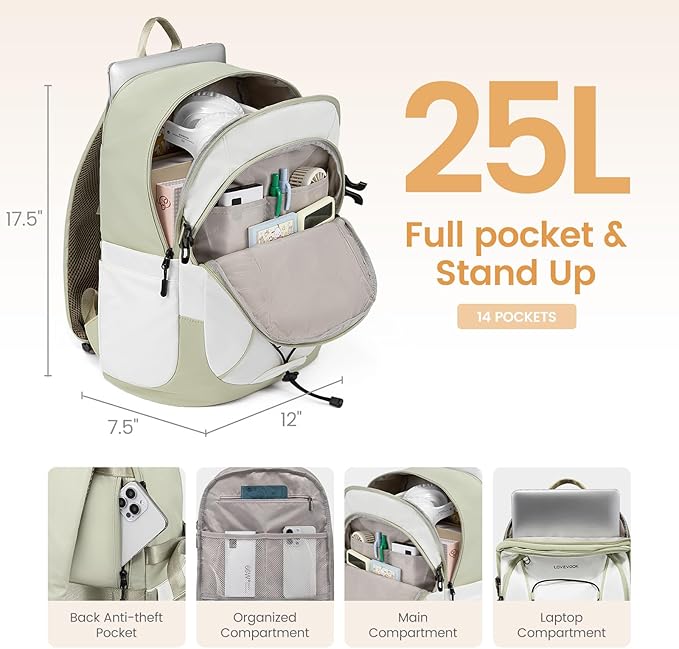 LOVEVOOK Mens Backpack with Giant Tumbler Holder Pocket,15.6 Inch Everyday Laptop Backpack Commuter Travel Work Computer Bag for Women,Casual Hiking College Teacher Back Pack Daypack,White-Beige Grey