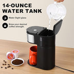 Ranbomer K Cup Coffee Maker, Single Serve coffee machine or Ground Coffee Machine 2 in 1, 6 to 14 Oz Brew Sizes, Mini One Cup Coffee Maker with Self cleaning Function, Fits Travel Mug Black