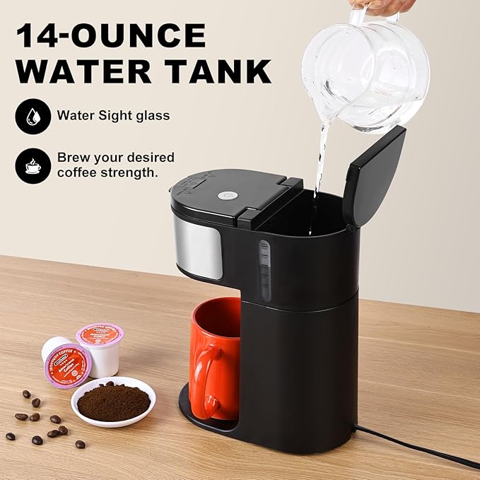 Ranbomer K Cup Coffee Maker, Single Serve coffee machine or Ground Coffee Machine 2 in 1, 6 to 14 Oz Brew Sizes, Mini One Cup Coffee Maker with Self cleaning Function, Fits Travel Mug Black