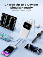Power Bank, 15000mAh Portable Charger with Built in Cable, 22.5W Fast Charging, 6 Outputs, Slim Travel Essential Battery Pack with LED Display, Compatible with iPhone 17/16/15/14/13, iPad White
