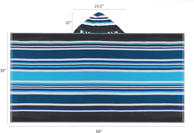 COTTON CRAFT Hooded Beach Towel – Oversized 39 x 68 Towel with Hood for Adults - 100% Ringspun Cotton Velour Terry Towel Stripe Bath Wrap - Super Soft Plush Absorbent Quick Dry – 450 GSM – Cancun Blue