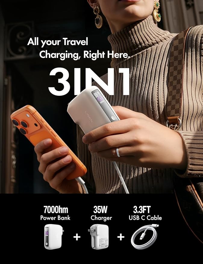 LISEN [Practical＆Lazy Design 3 in 1 Travel Essentials Power Bank，7000mAh 35W Fast Charging with Wall Plug and Build-in Cable for iPhone 17 16 15 Pro Max Plus,Samsung Galaxy,iPad,Android，Mint Green