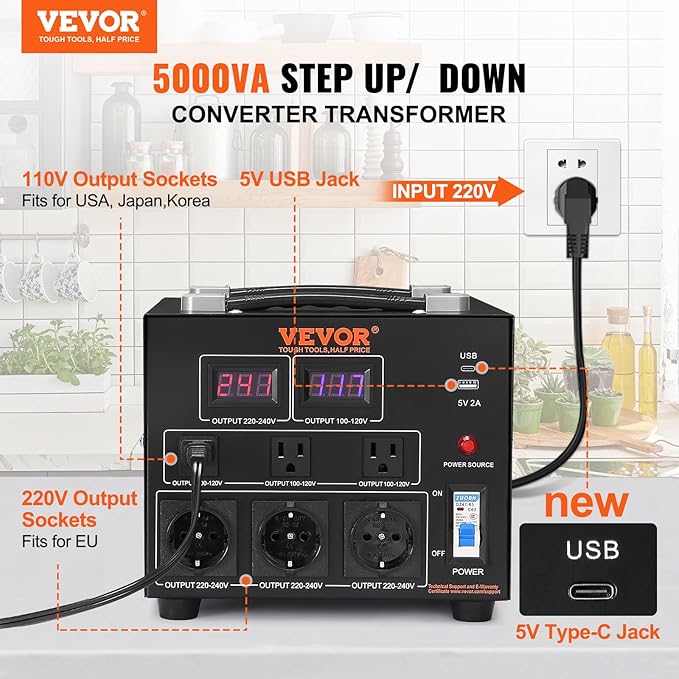 VEVOR Voltage Converter Transformer, 5000W, Heavy Duty Step Up/Down Transformer, Convert from 110 Volt to 220 Volt and from 220 Volt to 110 Volt, with US Outlet EU Outlet 5V USB Port, CE Certified