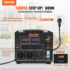 VEVOR Voltage Converter Transformer, 5000W, Heavy Duty Step Up/Down Transformer, Convert from 110 Volt to 220 Volt and from 220 Volt to 110 Volt, with US Outlet EU Outlet 5V USB Port, CE Certified