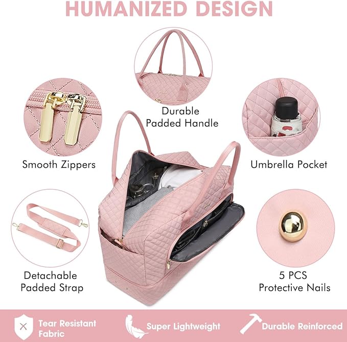 Initial Travel Duffle Bag for Women - Pink Personalized Weekender bags Overnight Bag with Shoe Compartment & Wet Pocket Weekend Tote Bags with Toiletry Bag Monogram Christmas Gifts (Letter M)