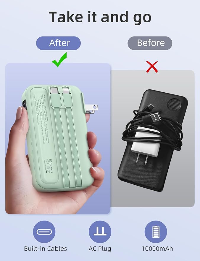 RORRY Portable Charger Built in Cables, AC Wall Plug In Portable Charger Power Bank 10000mAh Travel Battery Pack 22.5W Fast Charging for iPhone 17/16/15 Samsung Galaxy S25/S24/S23 Pixel LG iPad, Green