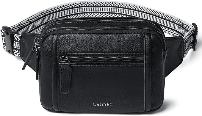 LATMAP 3L TRIPLE ZIP Fanny Packs Belt Bag For Women Men Crossbody Waist Pack Sling Chest Bum Travel Bag Purse Faux Leather Fashion Cute Black