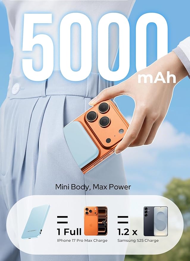 Aobbow Magnetic Portable Charger, 5000mAh Ultra Slim Power Bank with LED Display, 15W Fast Charging Battery Pack, MagSafe-Compatible Charger for iPhone 17/16/15 and AirPods - Mist Blue