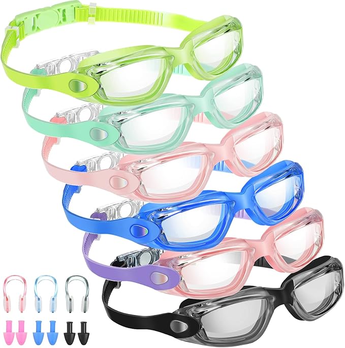 Flutesan 6 Pack Swim Goggles for Adult Anti Fog Swimming Glasses with Ear Plugs Nose Clip No Leaking Full Protection Goggles