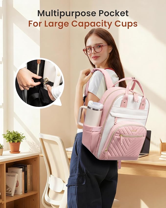 LOVEVOOK Laptop Backpack Women with Giant Tumbler Holder,17.3 inch Waterproof Work Travel Backpack Computer Laptop Bag,Cute College Nurse Teacher Backpack Purse,Gifts for Women & Men,Beige-Pink-Pink