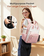 LOVEVOOK Laptop Backpack Women with Giant Tumbler Holder,17.3 inch Waterproof Work Travel Backpack Computer Laptop Bag,Cute College Nurse Teacher Backpack Purse,Gifts for Women & Men,Beige-Pink-Pink