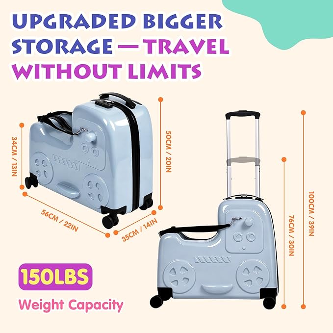 smilesun 22" Kids Ride-On Suitcase with Safety Strap, Multifunctional Kids' Luggage with Double Spinner Wheels, Durable and Lightweight for Boys and Girls Ages 2-10 (Blue, 22-inch)