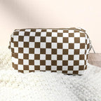 SOIDRAM 2 Pcs Checkered Makeup Bag Large Cosmetic Bag Toiletry Bag Makeup Pouch Travel Bag Organizer Cute Makeup Brushes Aesthetic Accessories Storage Bag for Women Coffee Brown