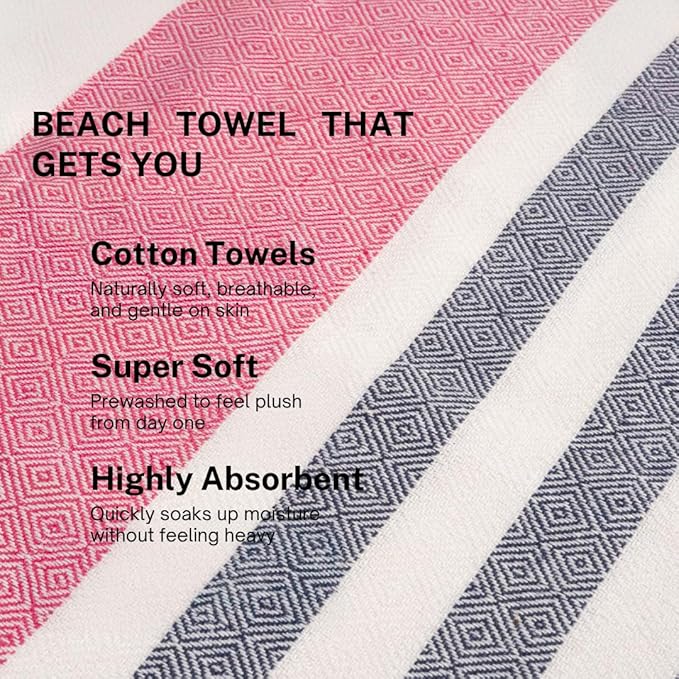 Cotton Turkish Beach Towel with Towels Oversized 36"x72" Pool Absorbent Extra Large Quick Dry Sand Travel Towel (Rosé & Riviera, 2 Pack)