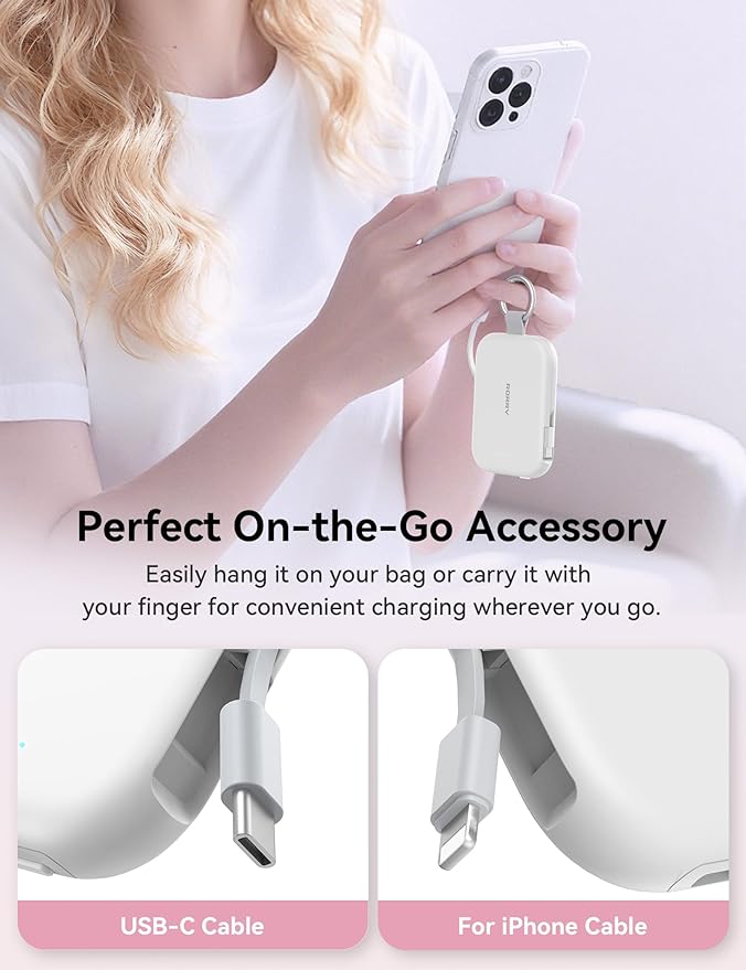 RORRY CharmGo Portable Charger, 5000mAh Portable Charger Power Bank with Built-in Cables, Travel Keychain Charger Battery Pack for iPhone 17/16/15/14/13/12, for AirPods 2/3/4/Pro, White