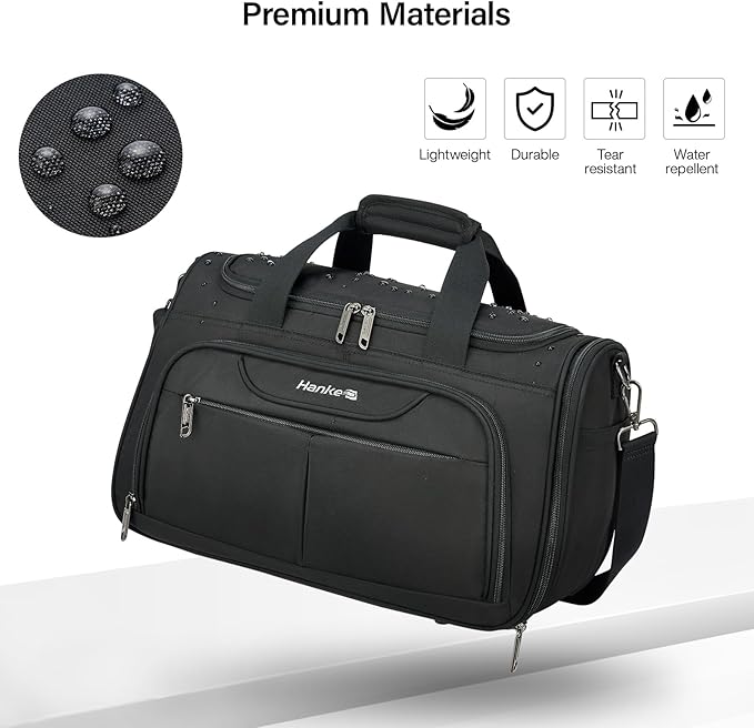 Hanke Large Capacity Travel Duffel Bag, Carry On Luggage with 12 Pockets, 17 Inch Laptop Compartment, Wet Dry Separation & Independent Shoe Bag, Lightweight Foldable Duffel Bag for Women Men（Black）