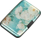 ELFISH Mini RFID Aluminum Wallet Credit Cards Holder Business Card Case Metal ID Case for Men Women(White peony)