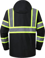 JKSafety Hi-Vis Reflective Safety Rain Jacket and Pants for Men Women Waterproof Rain Gears for Farming Fishing Work HV Rain Suit with Inner Mesh Lining and Pockets (117-Black XL)