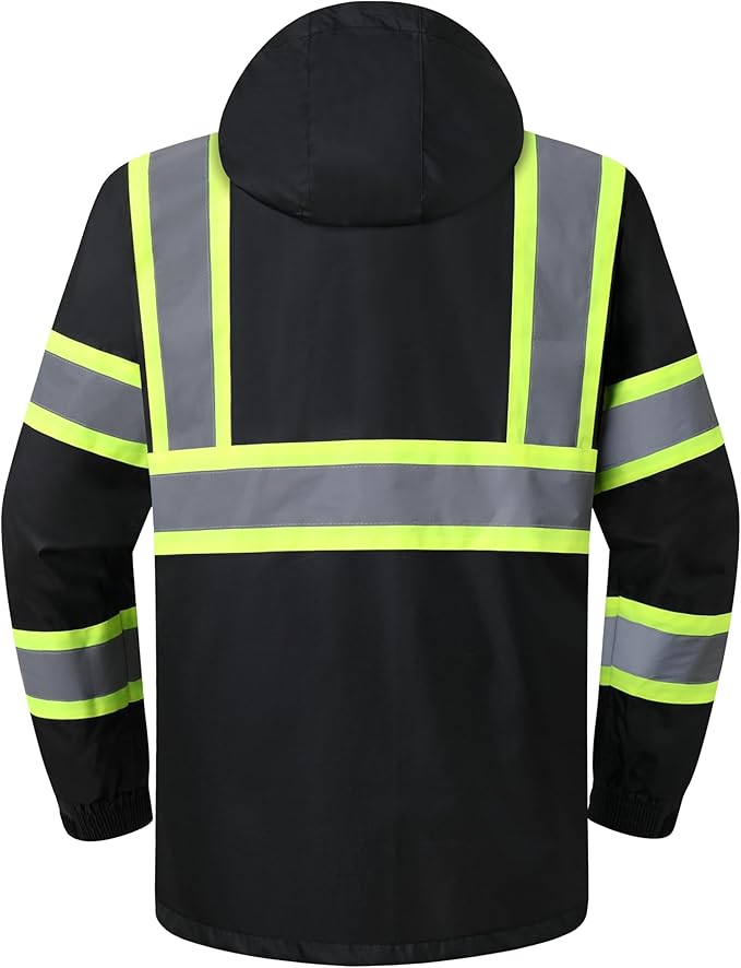 JKSafety Hi-Vis Reflective Safety Rain Jacket and Pants for Men Women Waterproof Rain Gears for Farming Fishing Work HV Rain Suit with Inner Mesh Lining and Pockets (117-Black XXL)