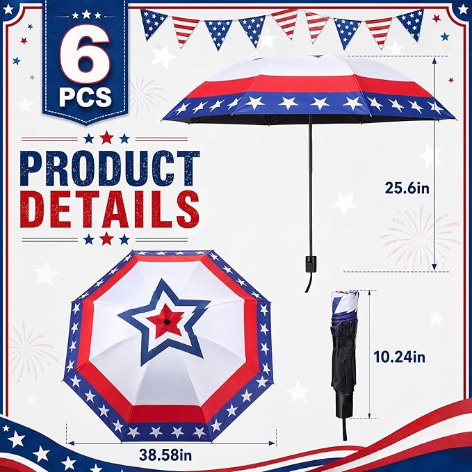 6 Pcs Patriotic American Umbrellas Red White Blue 4th of July Umbrellas with 8-Rib and Black Coating, Windproof