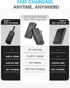 citicr Portable Charger Power Bank, 20000mAh PD20W USB C Fast Charging with Built-in Cables & Wall Plug, External Battery Bank with LED Display, Travel Essential for iPhone, iPad, Samsung Black