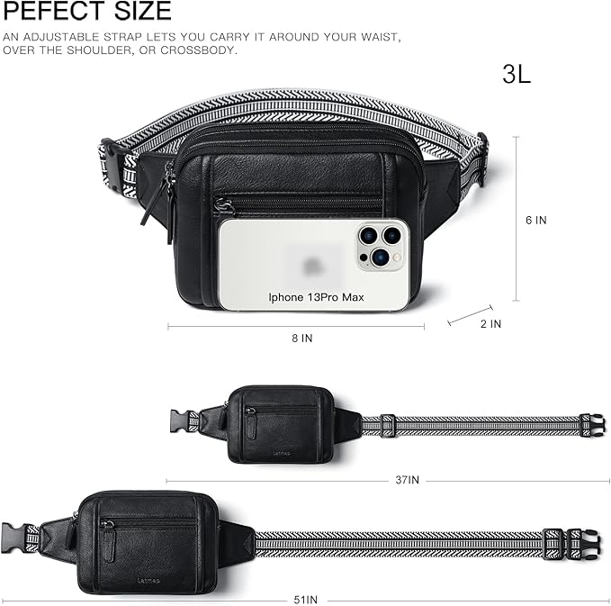 LATMAP 3L TRIPLE ZIP Fanny Packs Belt Bag For Women Men Crossbody Waist Pack Sling Chest Bum Travel Bag Purse Faux Leather Fashion Cute Black