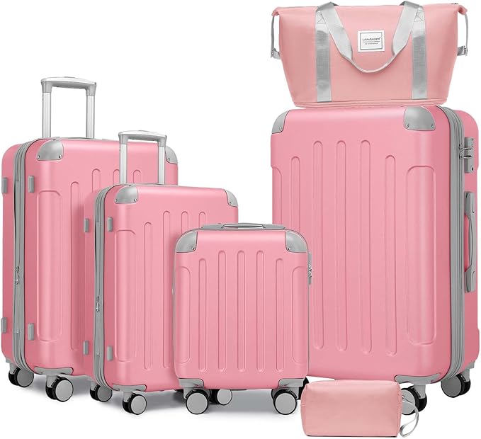 6 Piece Luggage Sets with Bags, Lightweight Expandable Checked Luggage Sets, Hardshell ABS Spinner Wheels Carry on Suitcase with TSA Lock, for Travel, Women Men (Pink, 18/20/24/28inch+2bags)