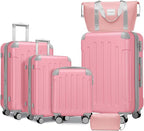 6 Piece Luggage Sets with Bags, Lightweight Expandable Checked Luggage Sets, Hardshell ABS Spinner Wheels Carry on Suitcase with TSA Lock, for Travel, Women Men (Pink, 18/20/24/28inch+2bags)