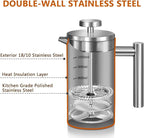 Large French Press Coffee Maker 50oz (1.5L), 304 Stainless Steel Double Wall Insulated Coffee Press for Camping, Backpacking, Party, Travel, Gift Set, Dishwasher Safe (Silver, 6-8 Cups)
