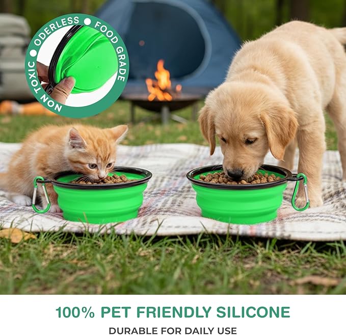 Collapsible Dog Bowls for Travel, Portable Dog Water Bowl & Food Bowl for Dogs and Cats, Foldable Pet Feeding Dish for Walking Hiking Camping with Carabiner, BPA Free (Green)
