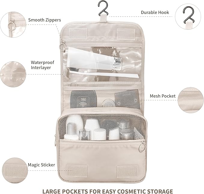 Lcsmaokin Large Capacity Toiletry Bag Travel Bag with Hanging Hook for Men and Women Waterproof Travel Cosmetic Bag Bathroom Storage Bag for Brushes Set, Full-Sized Shampoo,Accessories(White Cactus)