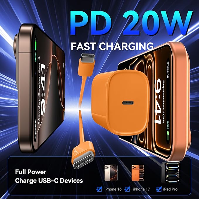 Phone 17 16 15 Pro Charger Fast Charging, 20W USB C Fast Charger Block with 10FT Long Type C Chargers Fast Charging Cable Cord for Phone 17/17 Pro/17 Pro Max/Air/16 Pro Max/16 Pro/15Pro-Cosmic Orange