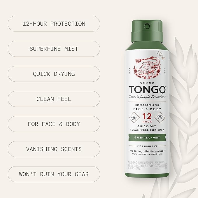 Grand Tongo DEET-Free Green Tea + Mint Insect Repellent with Picaridin- The 12 Hour Protection, DEET Alternative