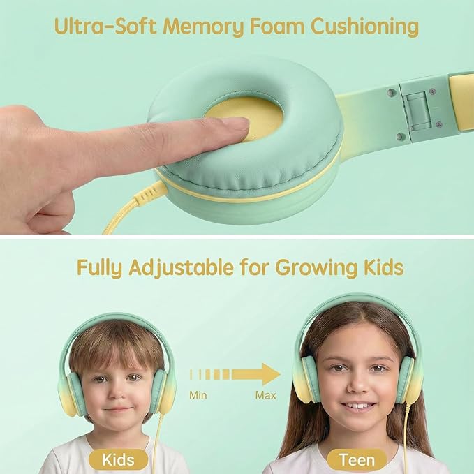 ADOOPE Wired Kids Headphones with USB C Plug, 85dB Safe Volume, Adjustable Headband, Tangle-Free Cord Headphones for School, Tablet, Travel (Mint Green & Cream Yellow, Without Microphone)