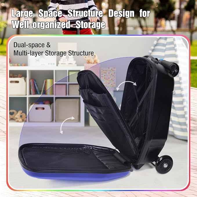 2-in-1 Ride-On Scooter Suitcase for Kids & Adults, 20” Foldable Hardshell Carry-On Luggage for Travel, Lightweight Kids Scooter Bag with Wheels