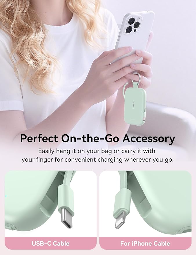 RORRY CharmGo Portable Charger, 5000mAh Portable Charger Power Bank with Built-in Cables, Travel Keychain Charger Battery Pack for iPhone 17/16/15/14/13/12, for AirPods 2/3/4/Pro, Green