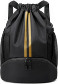 JELUTAR Drawstring Backpack Gym Bag with Shoes Compartment for Soccer, Basketball, Swim, Water-Resistant String Backpack Beach Cinch for Women Men, Black Gold