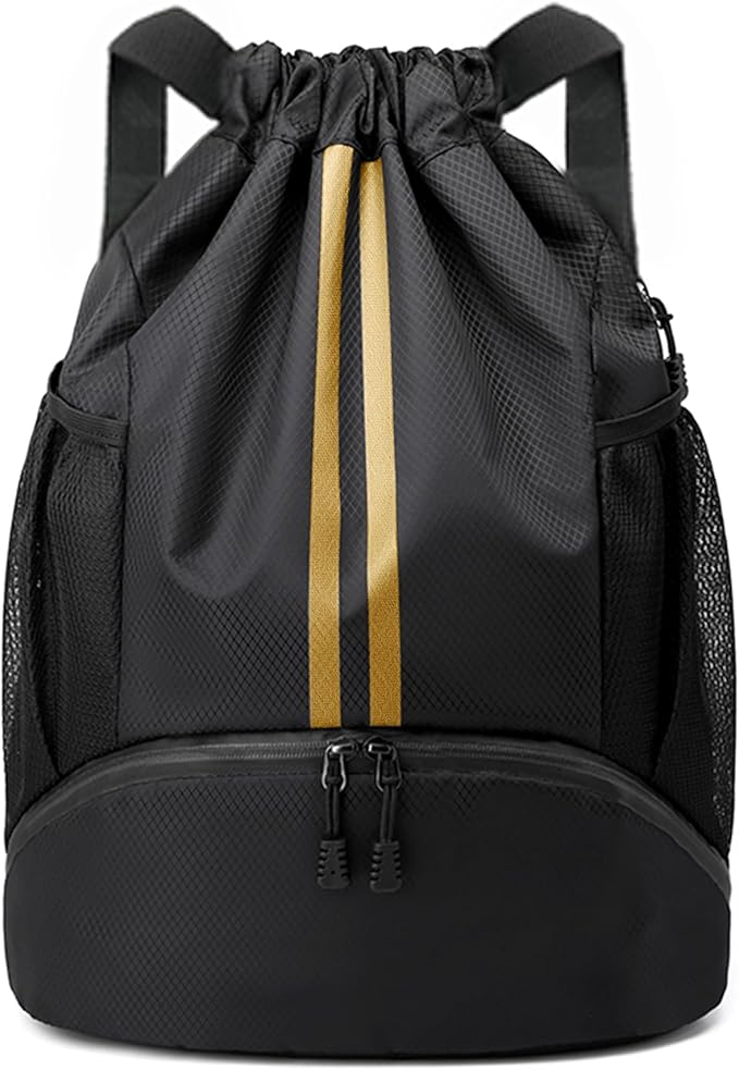 JELUTAR Drawstring Backpack Gym Bag with Shoes Compartment for Soccer, Basketball, Swim, Water-Resistant String Backpack Beach Cinch for Women Men, Black Gold
